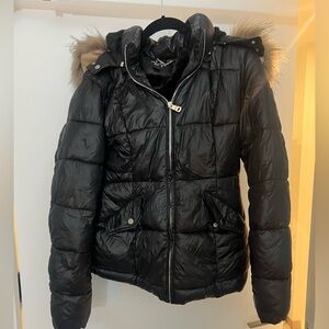 Black Puffer Jacket with Faux Fur Hood